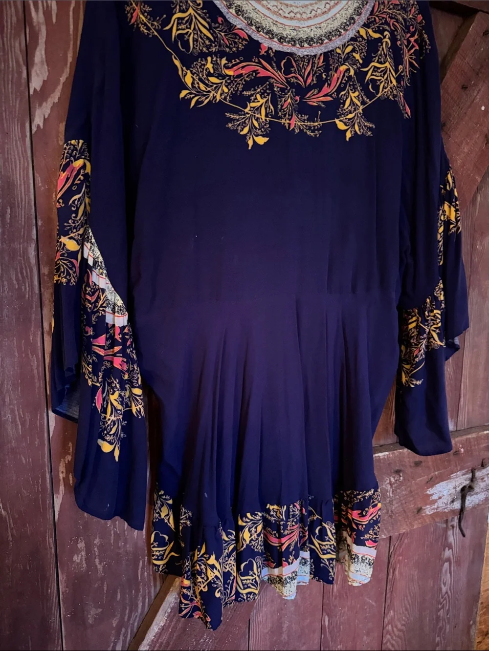 Free People navy print deep V neck gathered ruffle sleeve flowy boho top. Medium